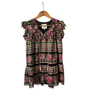 Alicia Bell | Women’s Black/Pink/Green floral ruffle cap sleeve tassel top, Sz S